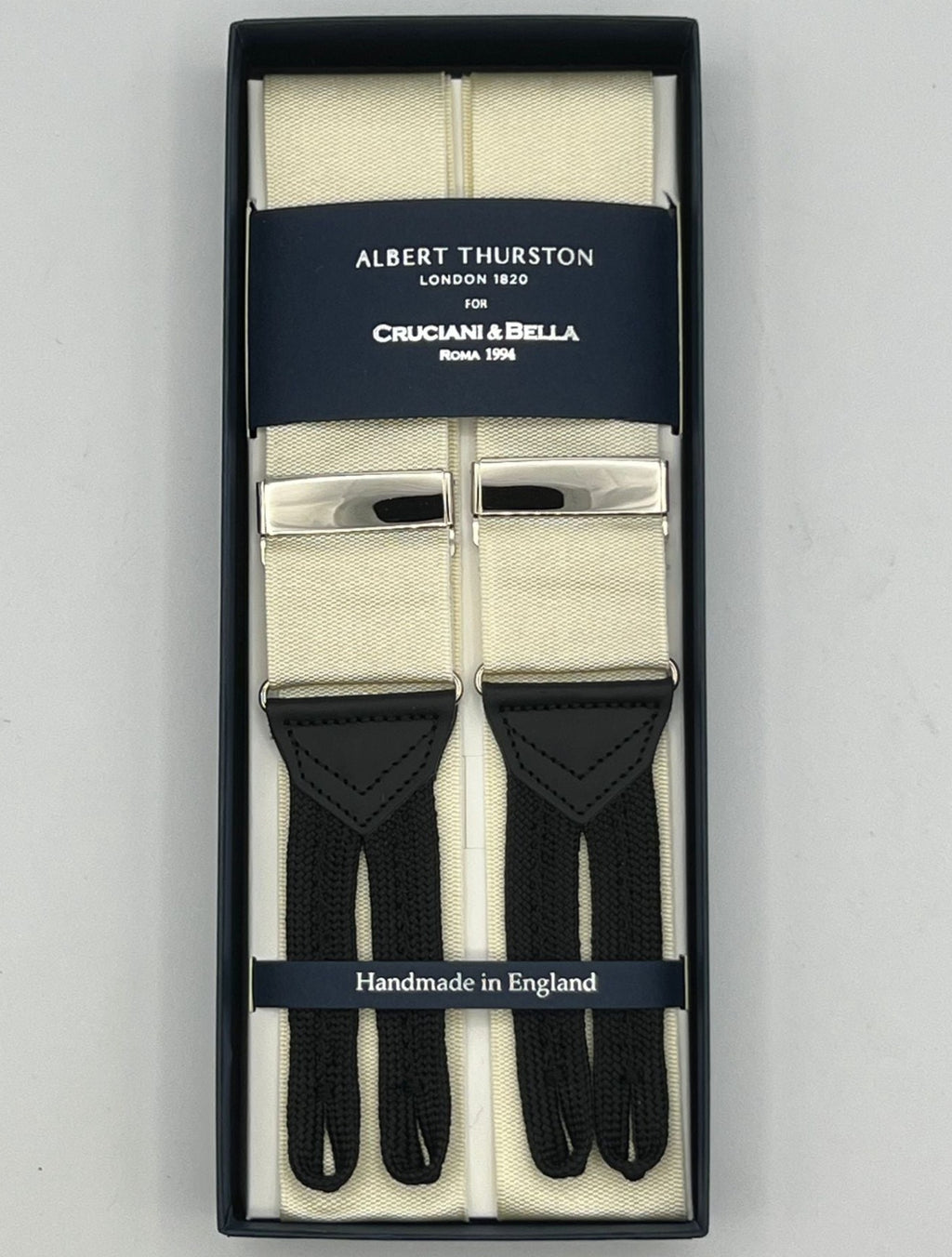 Albert Thurston for Cruciani & Bella Made in England Adjustable Sizing 40 mm Woven Barathea  Ivory Plain Braces Braid ends Y-Shaped Nickel Fittings Size: XL