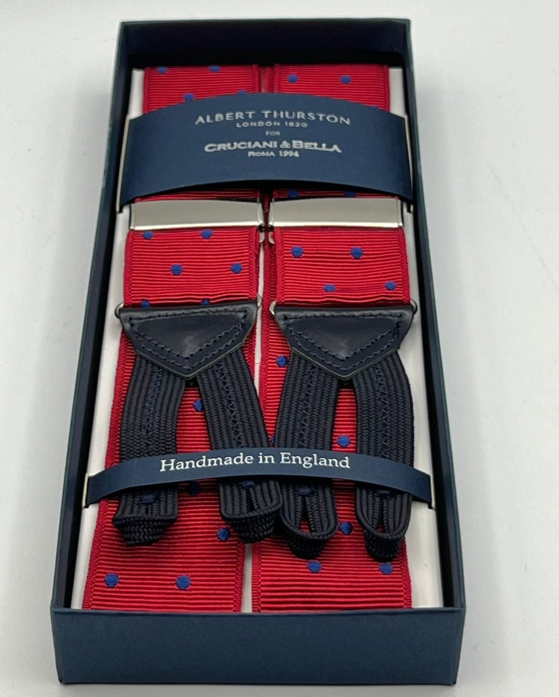 Albert Thurston for Cruciani & Bella Made in England Adjustable Sizing 40 mm Woven Barathea  Red and Blue Dots  Braces Braid ends Y-Shaped Nickel Fittings Size: XL
