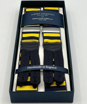 Albert Thurston for Cruciani & Bella Made in England Adjustable Sizing 40 mm Woven Barathea  Blue and Yellow horizontal Stripes Braces Braid ends Y-Shaped Nickel Fittings MULTIFIT