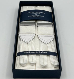 Albert Thurston for Cruciani & Bella Made in England Adjustable Sizing 40 mm Woven Barathea   White Dots  Braces Y-Shaped Nickel Fittings Size: XL