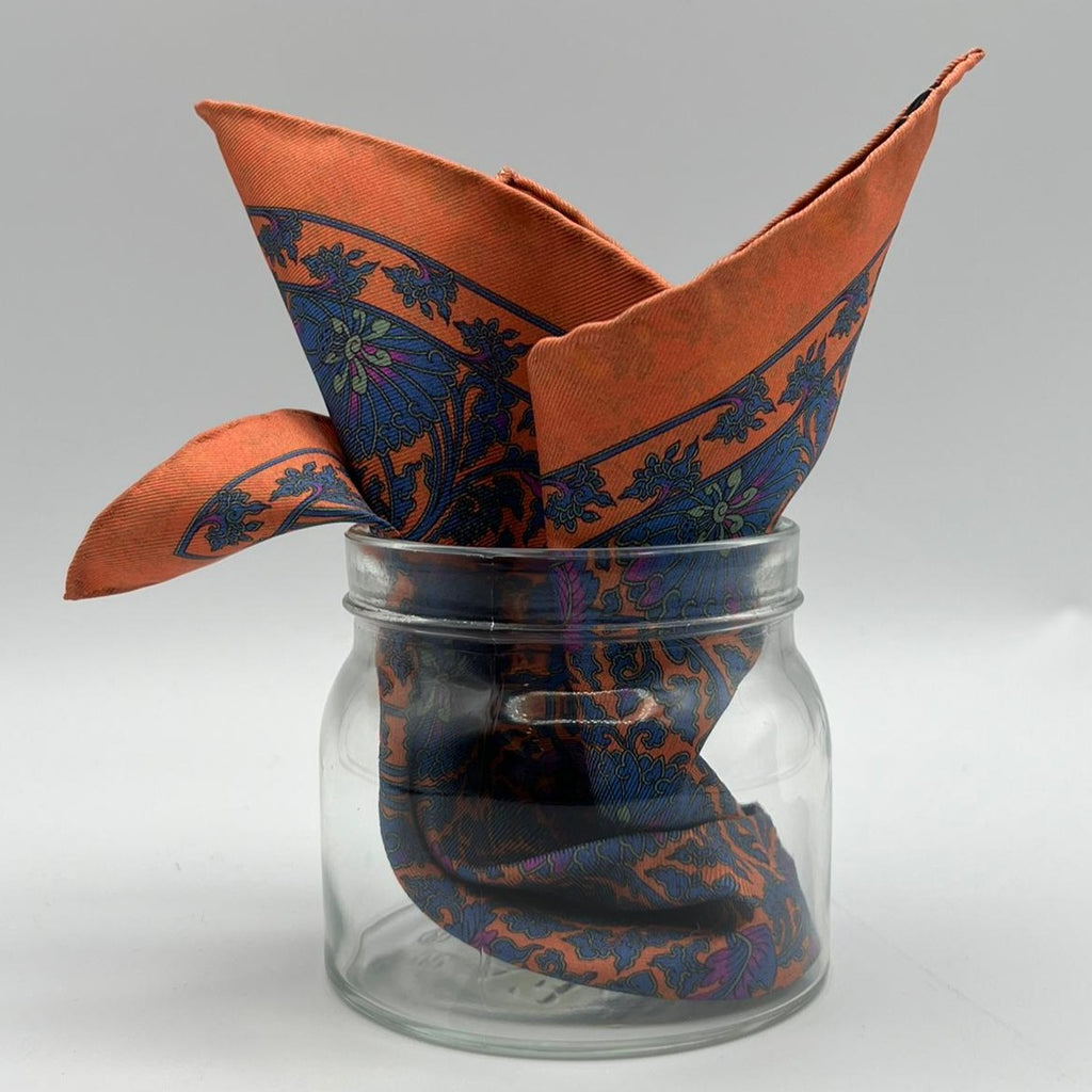 Cruciani & Bella - Silk - Apricot, Olimpic Blue and Green Double Patterned Motif Pocket Square 