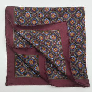 Cruciani & Bella - Silk -  Red Wine, Olimpic Blue, Ocra and Red Patterned Motif Pocket Square 