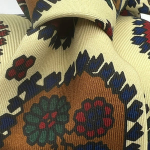 Drake's for Cruciani & Bella 36 oz 100% Printed Silk Tipped Light Yellow Tie Brown, Bleu, Red and Green Motif  Handmade in England 8 cm x 148 cm