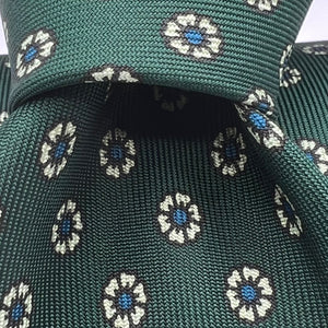 Drake's- Printed Silk - Green, Off White and Blue Motif Tie #5189