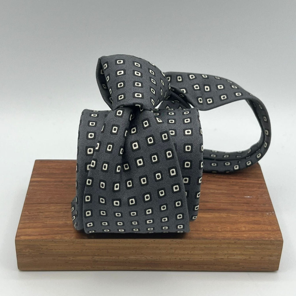 Drake's- Printed Silk - Grey, White and Black Motif Tie