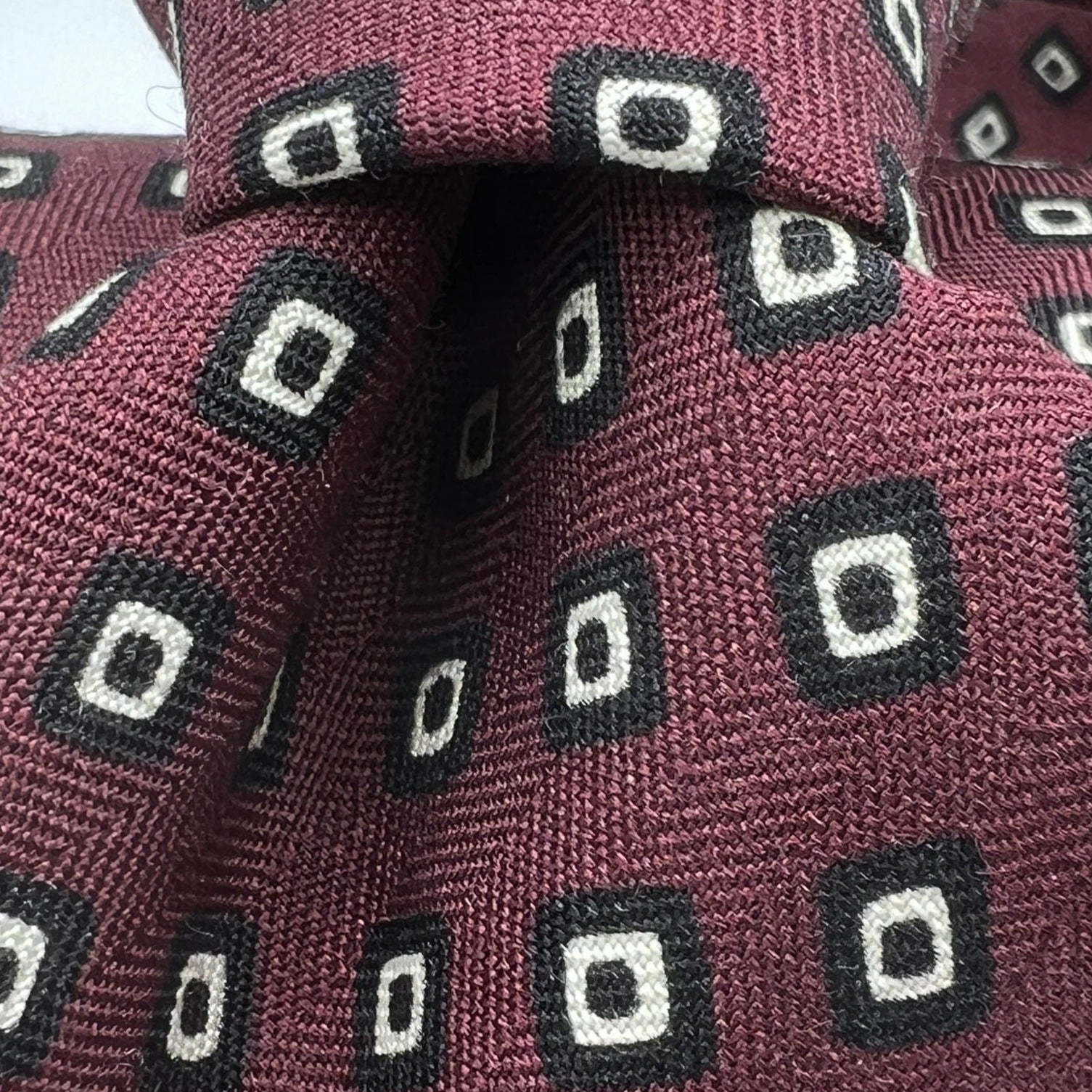 Drake's- Printed Silk - Red Wine, White and Black Motif Tie #0185-1