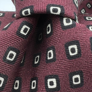 Drake's- Printed Silk - Red Wine, White and Black Motif Tie #0185-1