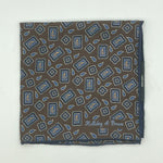 Holliday & Brown Hand-rolled   Holliday & Brown for Cruciani & Bella 100% Silk Brown, Blue and Light Blue Double Faces Patterned  Motif  Pocket Square Handmade in Italy 32 cm X 32 cm