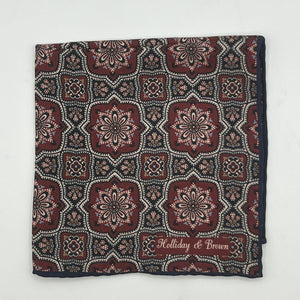 Holliday & Brown Hand-rolled   Holliday & Brown for Cruciani & Bella 100% Silk Light Brown, Blue, Red and Off White  Double Faces Patterned  Motif  Pocket Square Handmade in Italy 32 cm X 32 cm