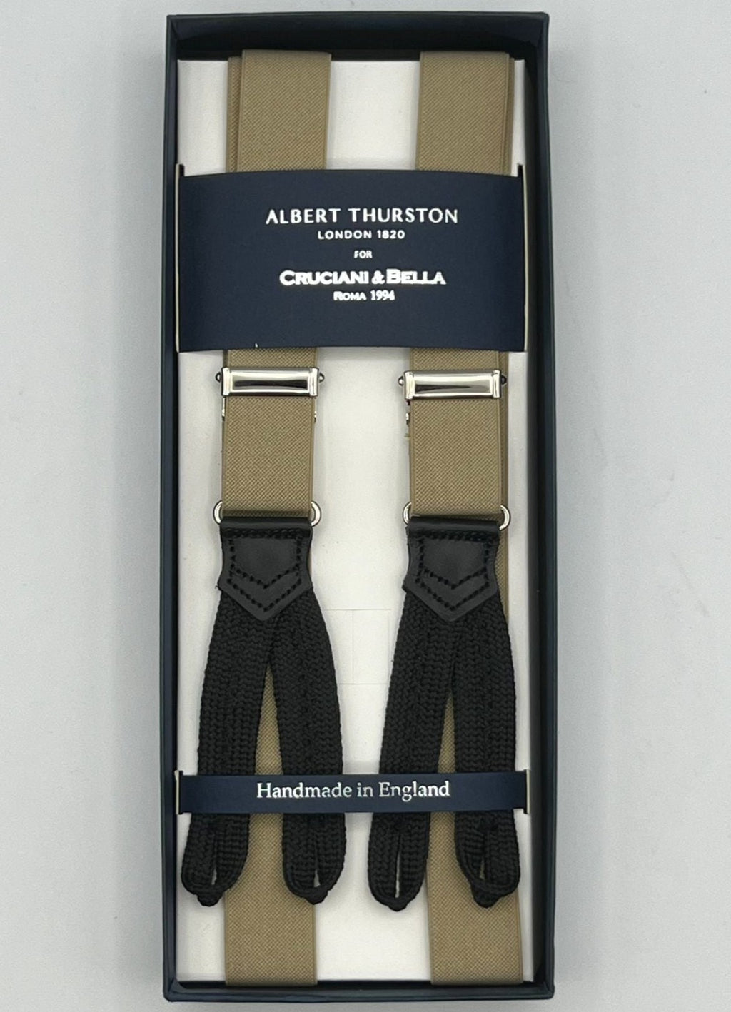 Albert Thurston for Cruciani & Bella Made in England Adjustable Sizing 25 mm elastic braces Beige Plain Braid ends Y-Shaped Nickel  Fittings Size: XL