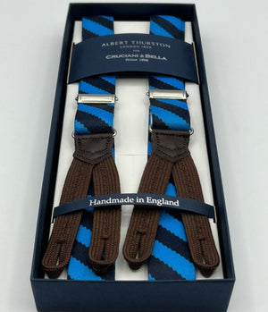 Albert Thurston for Cruciani & Bella Made in England Adjustable Sizing 25 mm elastic braces Light Bleu, Dark Bleu Stripes  Braid ends Y-Shaped Nickel  Fittings Size: XL