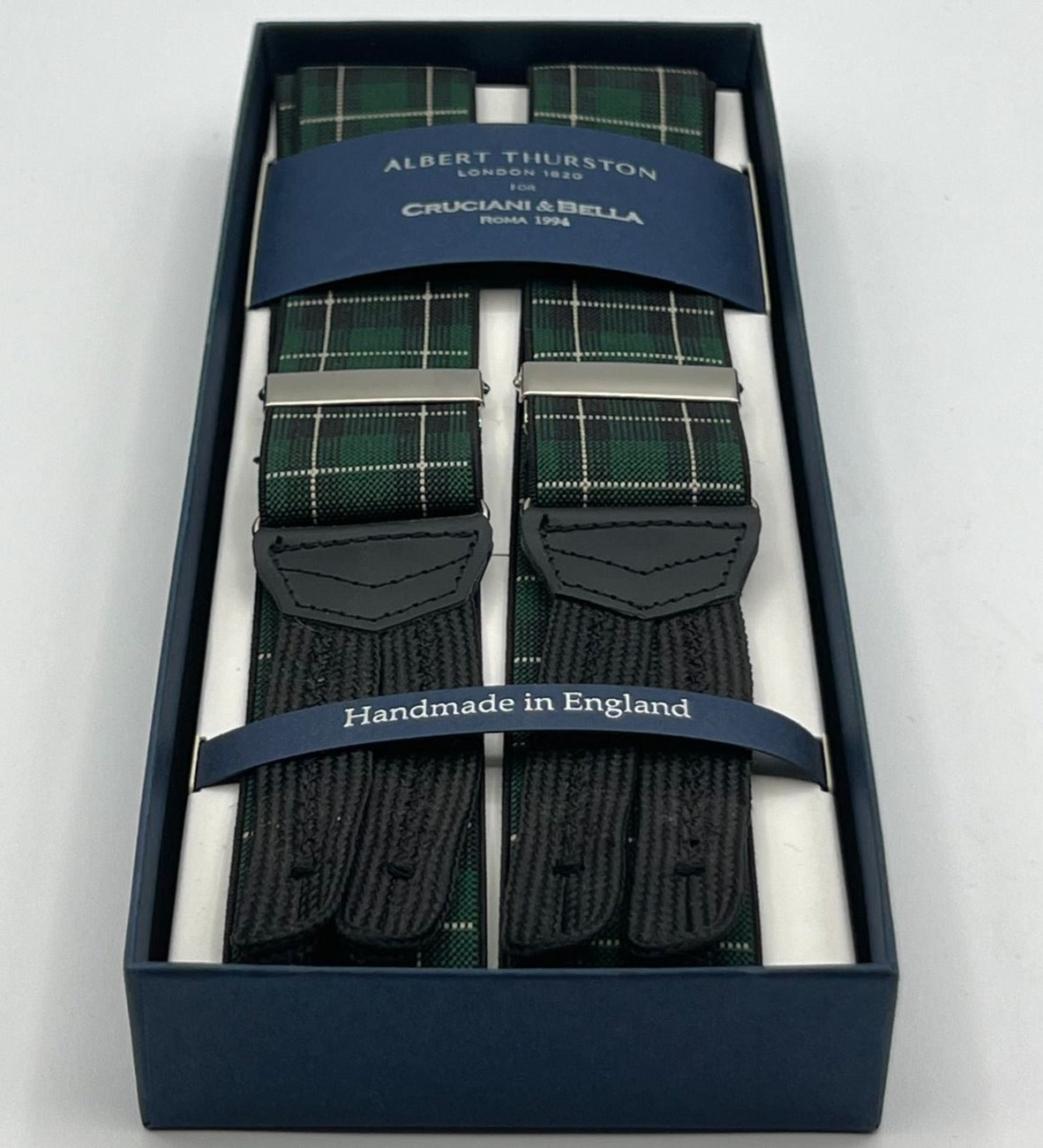 Albert Thurston - Elastic Braces - 35 mm - Green, Black and Off White Tartan Braces #7602