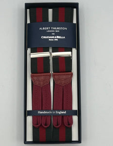 Albert Thurston for Cruciani & Bella Made in England Adjustable Sizing 35 mm Elastic Braces Green and Red Stripe Braces Braid ends Y-Shaped Nickel Fittings Size: L
