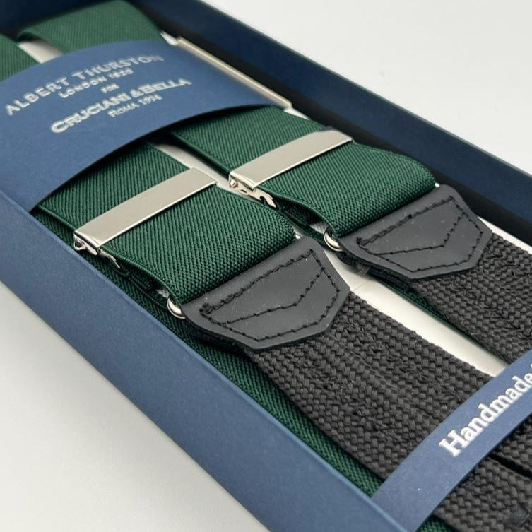 Albert Thurston for Cruciani & Bella Made in England Adjustable Sizing 35 mm Elastic Braces Green plain Braid ends Y-Shaped Nickel Fittings Size: XL