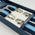 Albert Thurston for Cruciani & Bella Made in England Clip on Adjustable Sizing 35 mm elastic braces Blue, Light Blue Stripes X-Shaped Nickel Fittings Size: XL