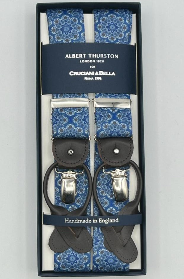 Albert Thurston for Cruciani & Bella Made in England 2 in 1 Adjustable Sizing 35 mm elastic braces Light Blue, White and Light Brown Patterned Y-Shaped Nickel Fittings Size XL