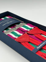 Albert Thurston for Cruciani & Bella Made in England Adjustable Sizing 40 mm Woven Barathea  Fucsia, Green and White Stripes Braces Braid ends Y-Shaped Nickel Fittings Size: XL