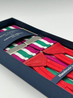 Albert Thurston for Cruciani & Bella Made in England Adjustable Sizing 40 mm Woven Barathea  Fucsia, Green and White Stripes Braces Braid ends Y-Shaped Nickel Fittings Size: XL