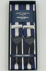 Albert Thurston for Cruciani & Bella Made in England Adjustable Sizing 40 mm Woven Barathea  Navy and light grey Braces Braid ends Y-Shaped Nickel Fittings Multifit