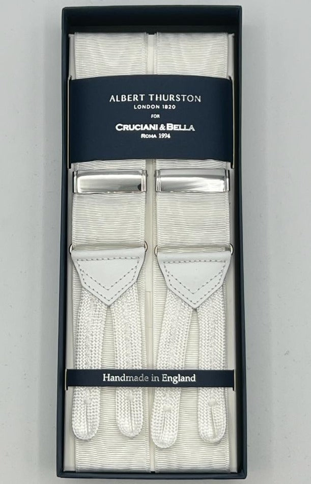 Albert Thurston for Cruciani & Bella Made in England Adjustable Sizing 40 mm Woven Barathea  White Moirè Braces Braid ends Y-Shaped Nickel Fittings Size: XL