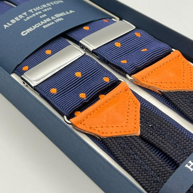 Albert Thurston for Cruciani & Bella Made in England Adjustable Sizing 40 mm Woven Barathea  Blue and Orange Dots  Motif  Braces Y-Shaped Nickel Fittings MULTIFIT