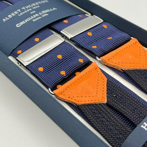 Albert Thurston for Cruciani & Bella Made in England Adjustable Sizing 40 mm Woven Barathea  Blue and Orange Dots  Motif  Braces Y-Shaped Nickel Fittings MULTIFIT