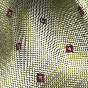 Drake's for Cruciani & Bella 100%  Woven Silk Jacquard Tipped Light Yellow, Red and Rust Motif Tie Handmade in London, England 9 cm x 148 cm #5381