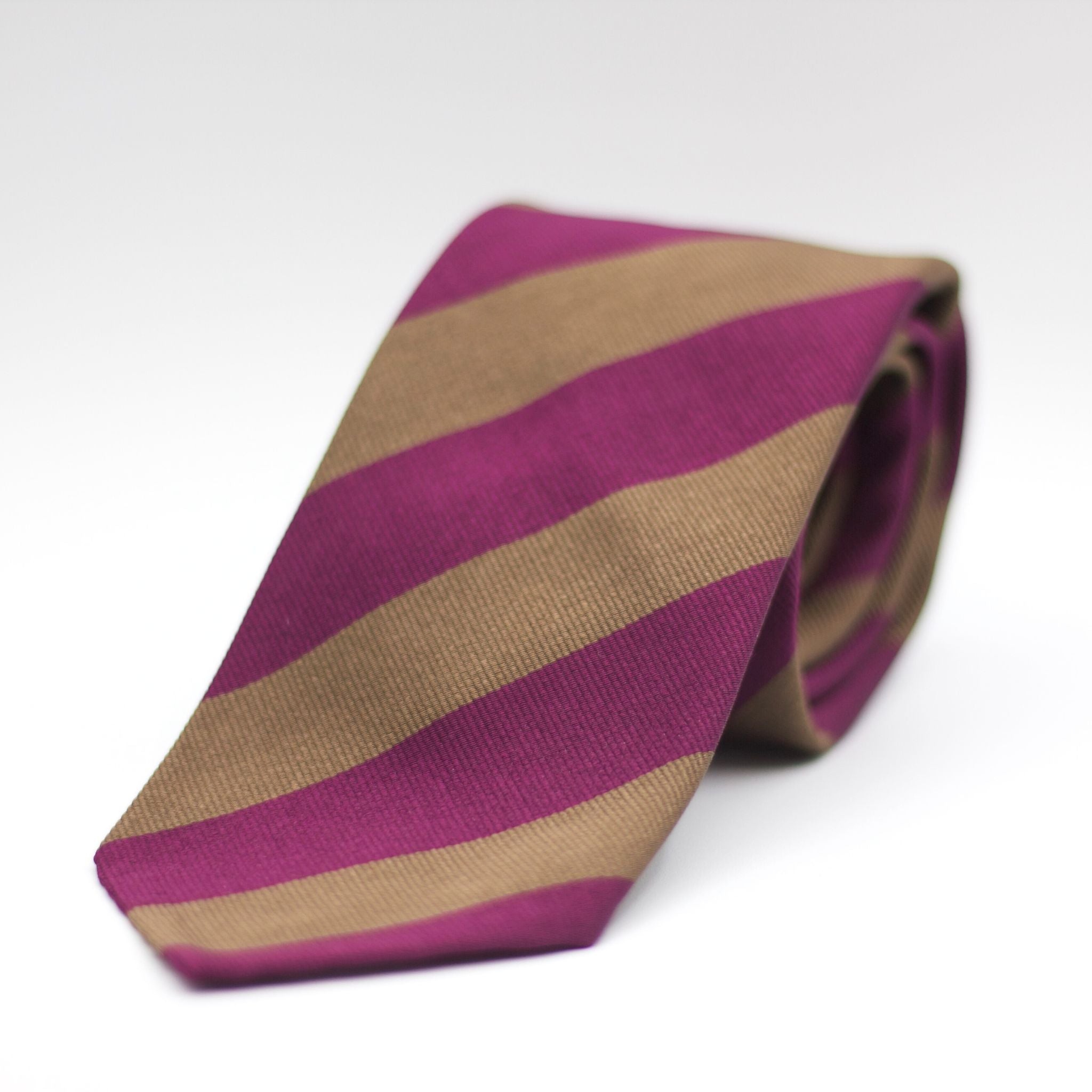 Cruciani & Bella 100% Silk Slim Shape Jacquard  Unlined Regimental "5th Batt. Northumberland Fusiliers" Bronze and Fuchsia stripes tie Handmade in Italy 8 cm x 150 cm #6141