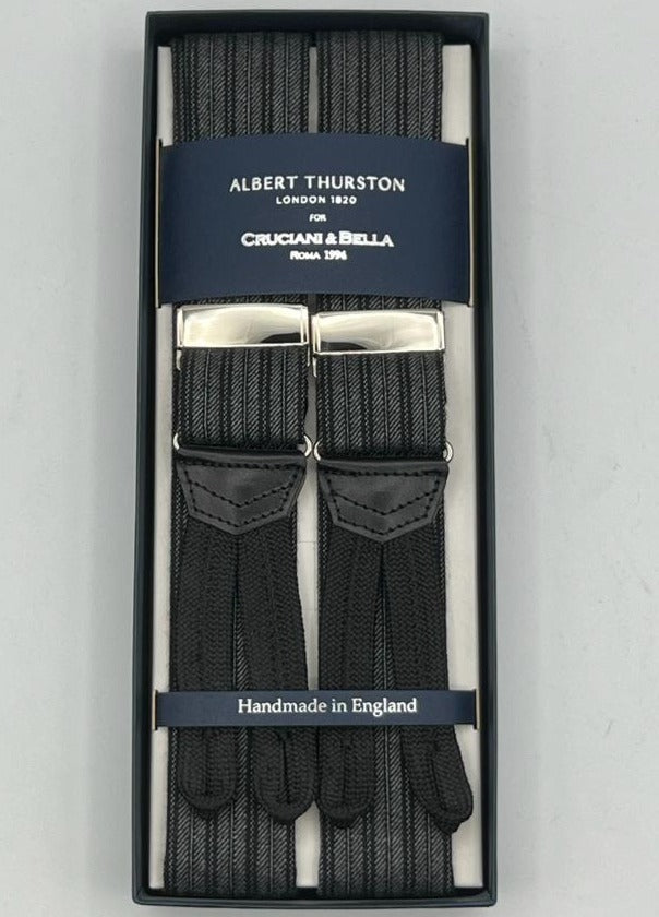 Albert Thurston for Cruciani & Bella Made in England Adjustable Sizing 40 mm braces 100% Wool Black and Grey Stripes Motif Braid ends Y-Shaped Nickel Fittings XL