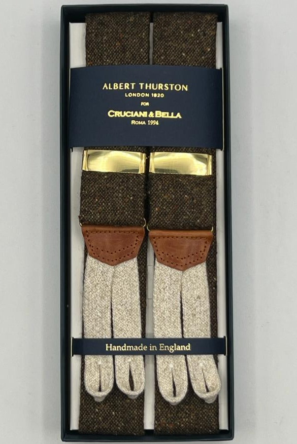 Albert Thurston for Cruciani & Bella Made in England Adjustable Sizing 40 mm braces 100% Wool Donegal Brown Melange Color Braid ends Y-Shaped Gold Fittings XL