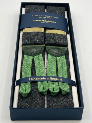 Albert Thurston for Cruciani & Bella Made in England Adjustable Sizing 40 mm braces 100% Wool Donegal Grey Melange Color Braid ends Y-Shaped Gold Fittings