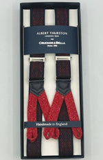 Albert Thurston for Cruciani & Bella Made in England Adjustable Sizing 25 mm elastic braces Blue, Red Patterned Braid ends Y-Shaped Nickel Fittings Size: XL