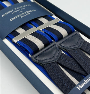 Albert Thurston for Cruciani & Bella Made in England Adjustable Sizing 35 mm Elastic Braces Blue, Light Blue and Grey  Stripes Braces Braid ends Y-Shaped Nickel Fittings Size: L