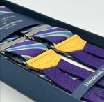Albert Thurston for Cruciani & Bella Made in England Adjustable Sizing 35 mm elastic  braces Purple, Sky Blue and Yellow Stripes braces Braid ends Y-Shaped Nickel Fittings Size: L