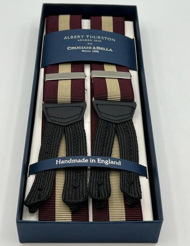 Albert Thurston for Cruciani & Bella Made in England Adjustable Sizing 35 mm Elastic Braces Red Wine, Beige Stripes Braid ends Y-Shaped Nickel Fittings Size: XL