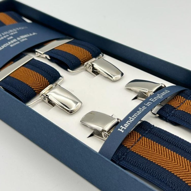 Albert Thurston for Cruciani & Bella Made in England Clip on Adjustable Sizing 35 mm elastic braces Blue, Brown X-Shaped Nickel Fittings Size: XL
