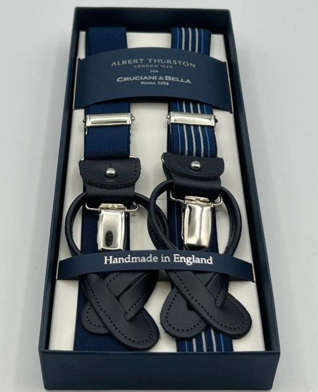 Albert Thurston for Cruciani & Bella Made in England 2 in 1 Adjustable Sizing 25 mm elastic braces Blue, Light Blue and Grey Multicolor Fancy Stripes Y-Shaped Nickel Fittings Size XL