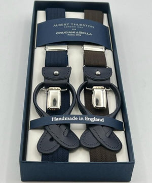 Albert Thurston for Cruciani & Bella Made in England 2 in 1 Adjustable Sizing 25 mm elastic braces Brown, Blue Harringbone Exclusive Y-Shaped Nickel Fittings Size XL