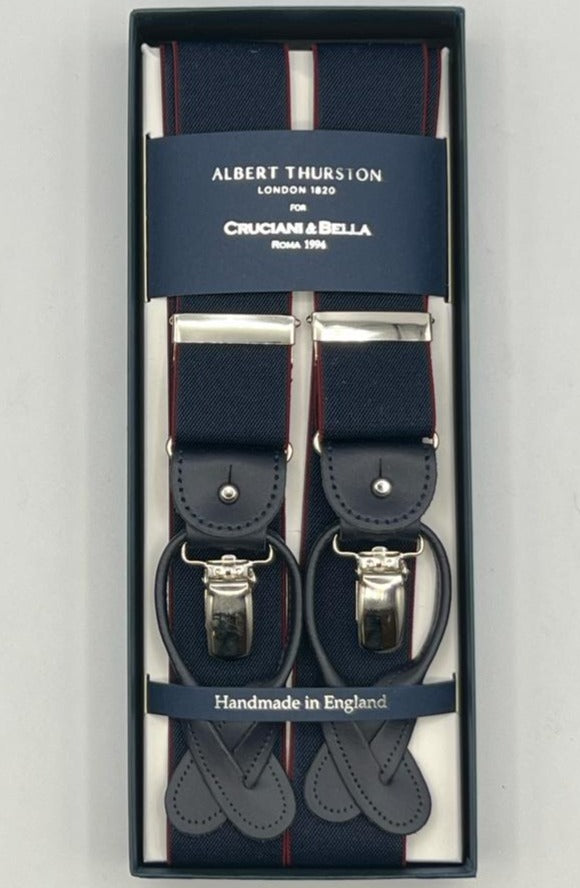 Albert Thurston for Cruciani & Bella Made in England 2 in 1 Adjustable Sizing 35 mm elastic braces Blue, Red Wine Edge Y-Shaped Nickel Fittings Size XL
