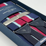 Albert Thurston for Cruciani & Bella Made in England Adjustable Sizing 40 mm Woven Barathea  Blue, Sky Blue and Red Stripes Braces Braid ends Y-Shaped Nickel Fittings Size: XL