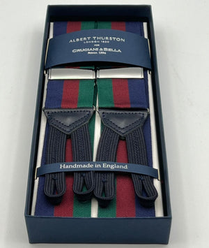 Albert Thurston for Cruciani & Bella Made in England Adjustable Sizing 40 mm Woven Barathea  Blue, Wine and Green Stripes Braces Braid ends Y-Shaped Nickel Fittings Size: XL