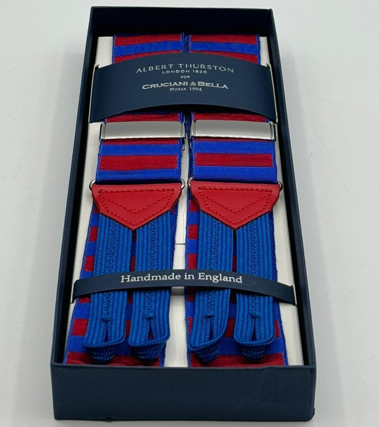 <ul> <li>Albert Thurston for Cruciani &amp; Bella</li> <li>Made in England</li> <li>Adjustable Sizing</li> <li>40 mm Woven Barathea&nbsp;</li> <li>Ocenan Blue and Red horizontal Stripes Braces</li> <li>Braid ends</li> <li>Y-Shaped</li> <li>Nickel Fittings</li> <li>MULTIFIT</li> </ul>