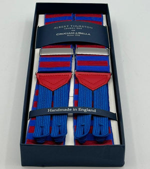 <ul> <li>Albert Thurston for Cruciani &amp; Bella</li> <li>Made in England</li> <li>Adjustable Sizing</li> <li>40 mm Woven Barathea&nbsp;</li> <li>Ocenan Blue and Red horizontal Stripes Braces</li> <li>Braid ends</li> <li>Y-Shaped</li> <li>Nickel Fittings</li> <li>MULTIFIT</li> </ul>