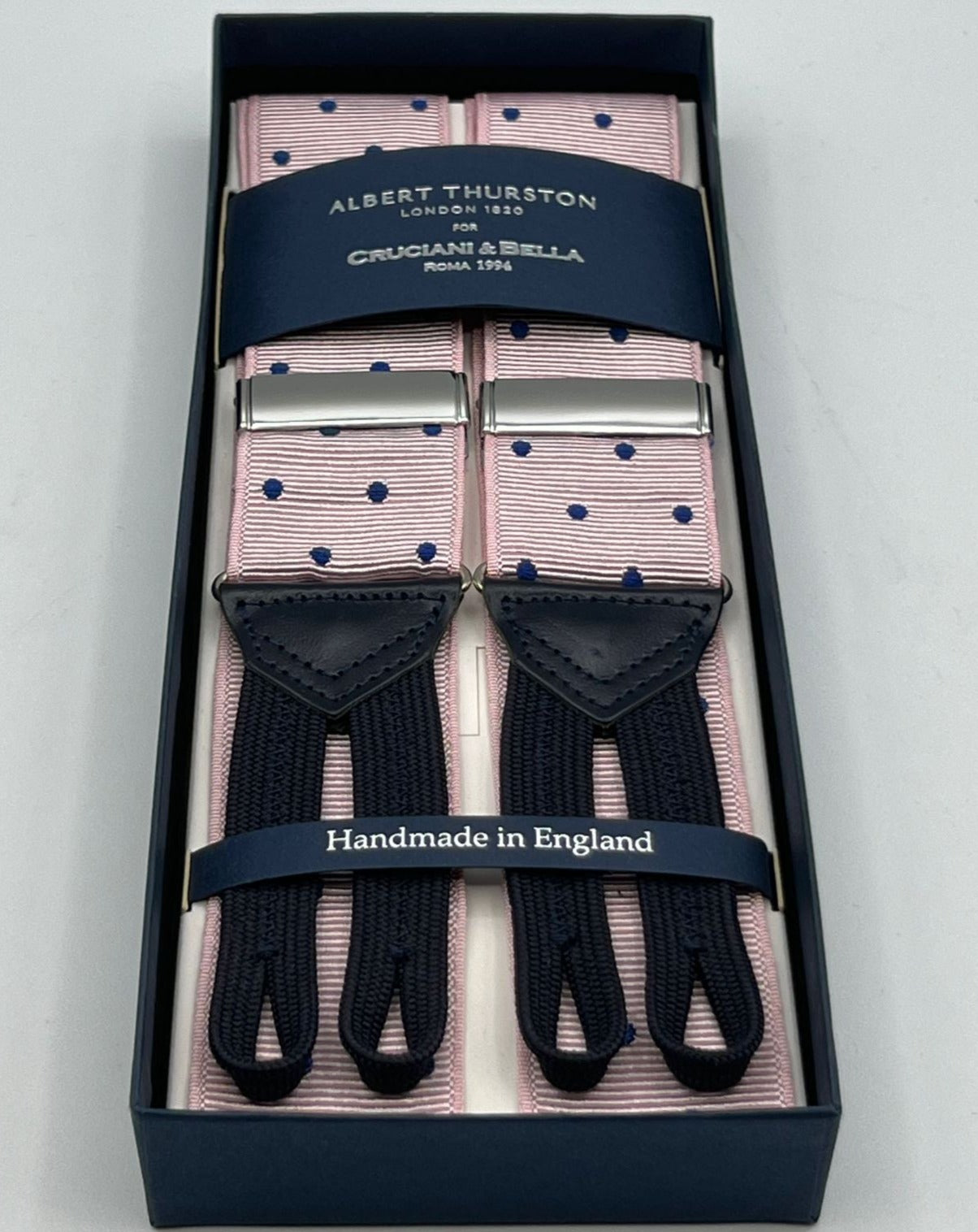 Albert Thurston for Cruciani & Bella Made in England Adjustable Sizing 40 mm Woven Barathea  Pink, blue royal dots Braces Braid ends Y-Shaped Nickel Fittings Size: XL