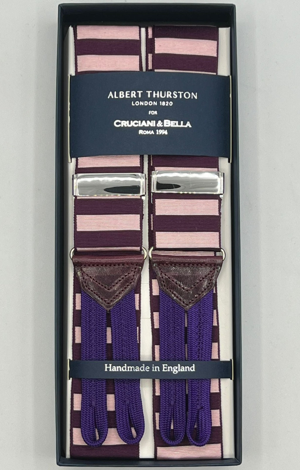Albert Thurston for Cruciani & Bella Made in England Adjustable Sizing 40 mm Woven Barathea  Red Wine and Pink horizontal Stripes Braces Braid ends Y-Shaped Nickel Fittings MULTIFIT