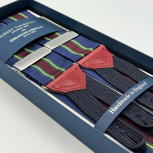 Albert Thurston for Cruciani & Bella Made in England Adjustable Sizing 40 mm Woven Barathea  Blue, Red Wine, Green and Yellow Stripes  Motif  Braces Y-Shaped Nickel Fittings MULTIFIT