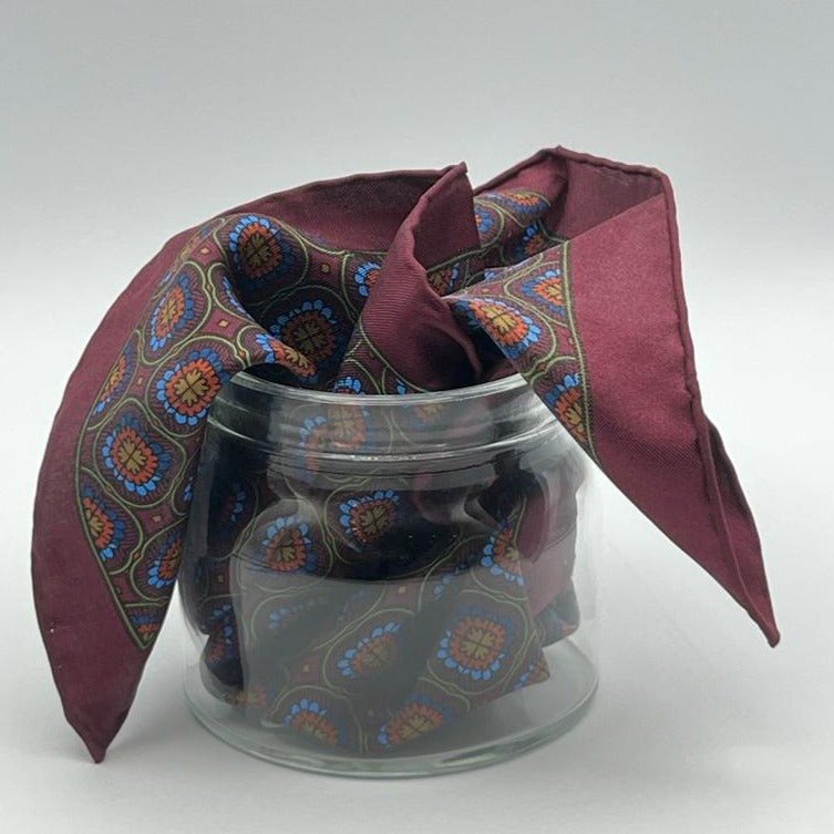 Cruciani & Bella - Silk -  Red Wine, Olimpic Blue, Ocra and Red Patterned Motif Pocket Square 