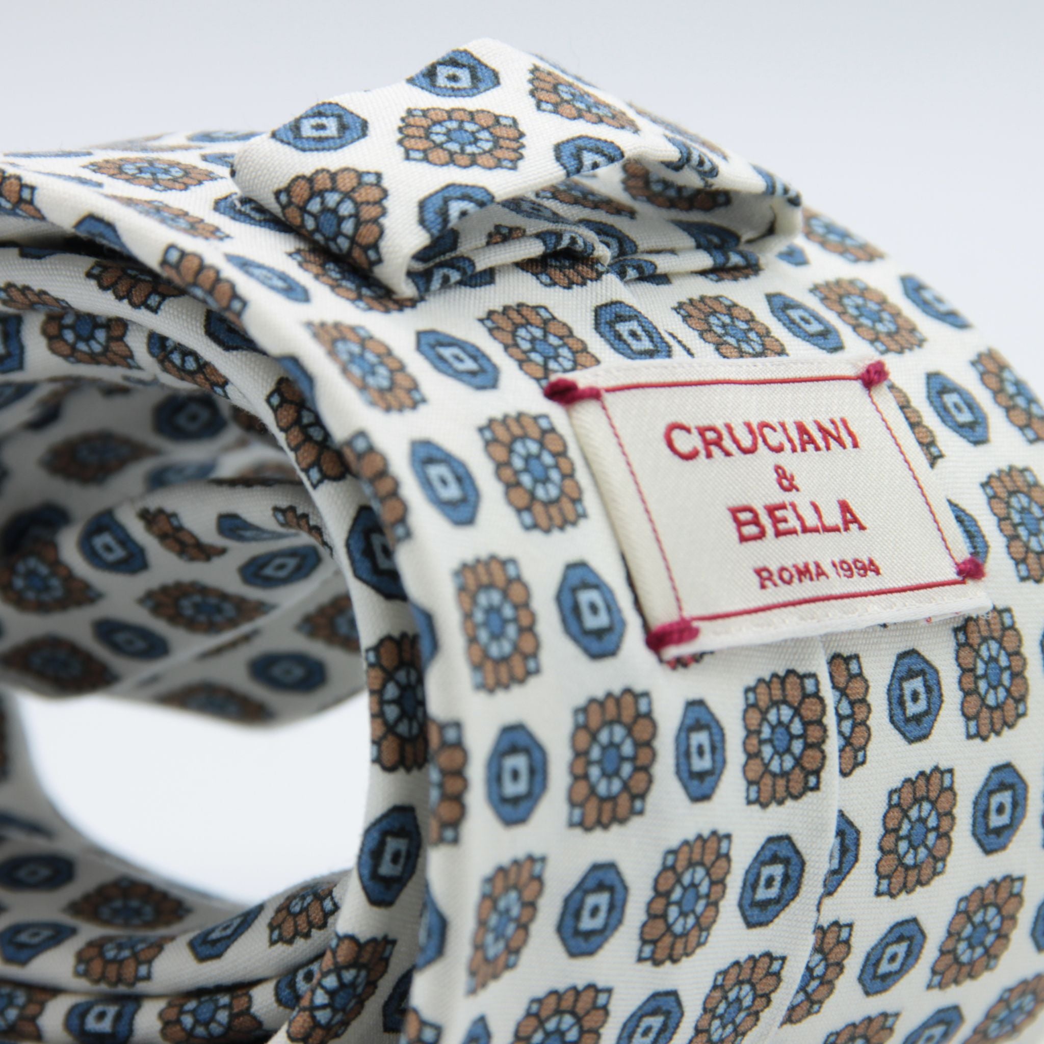 Cruciani & Bella 100% Printed Madder Silk  Italian fabric Unlined tie Off White, Brown and Blue Motifs Tie Handmade in Italy 8 cm x 150 cm #7684