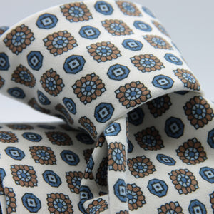 Cruciani & Bella 100% Printed Madder Silk  Italian fabric Unlined tie Off White, Brown and Blue Motifs Tie Handmade in Italy 8 cm x 150 cm #7684