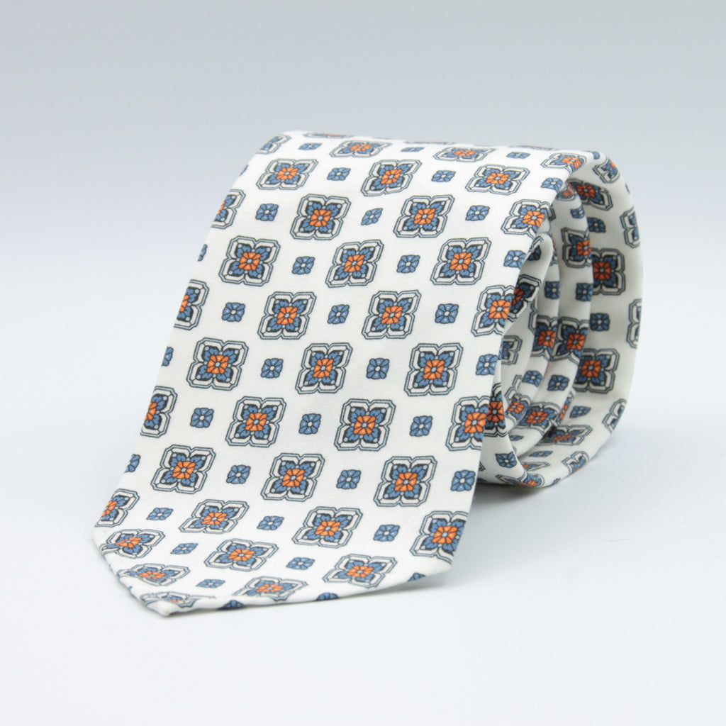Cruciani & Bella 100% Printed Madder Silk  Italian fabric Unlined tie Off White, Blue and Orange Motifs Tie Handmade in Italy 8 cm x 150 cm #7685